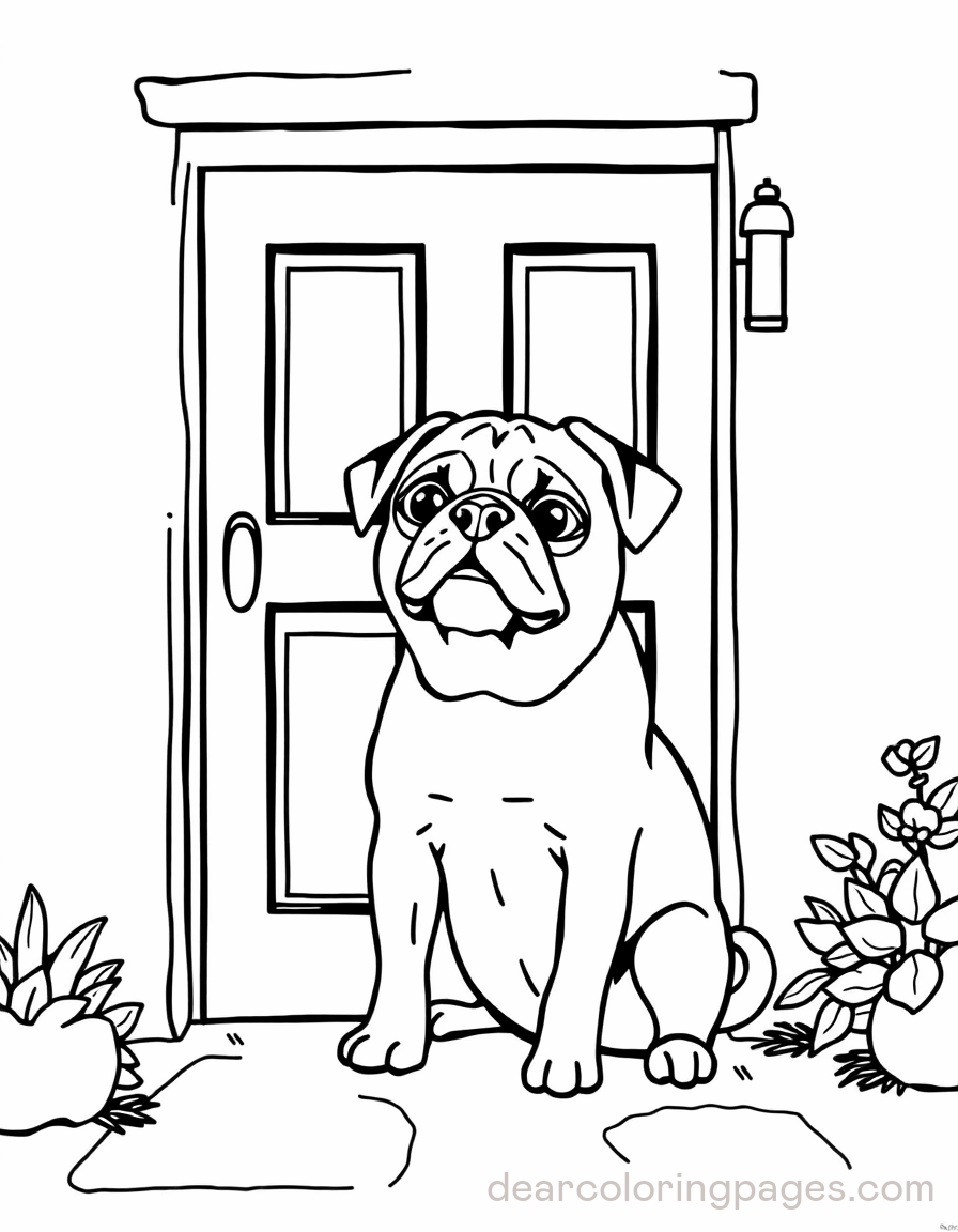 Pug Coloring Page - Pug Sitting in Front of Door