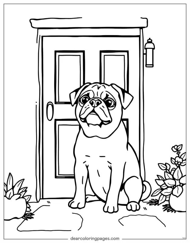 Mops Ausmalbild - Mops sitzt vor der Tür