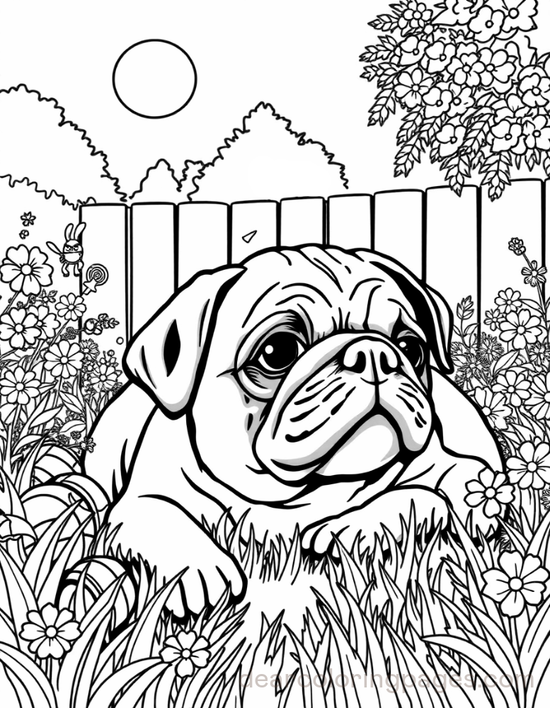 Pug Coloring Page - Pug in Backyard