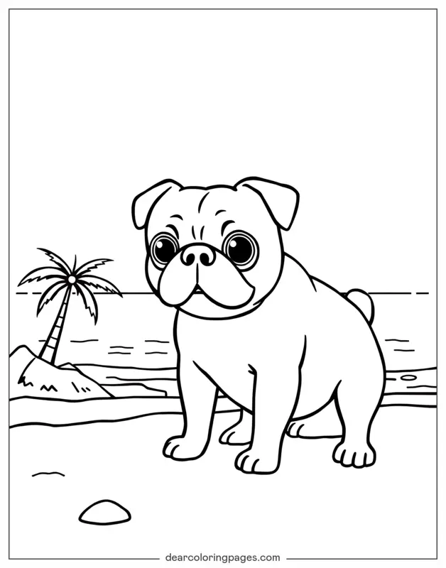 Mops Ausmalbild - Mops am Strand