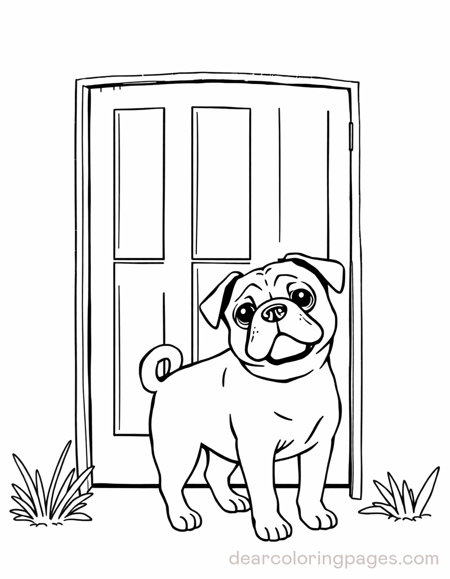 Pug Coloring Page - Pug Standing in Front of Door