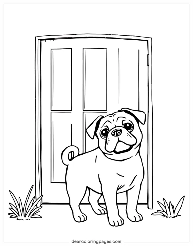 Mops Ausmalbild - Mops steht vor der Tür