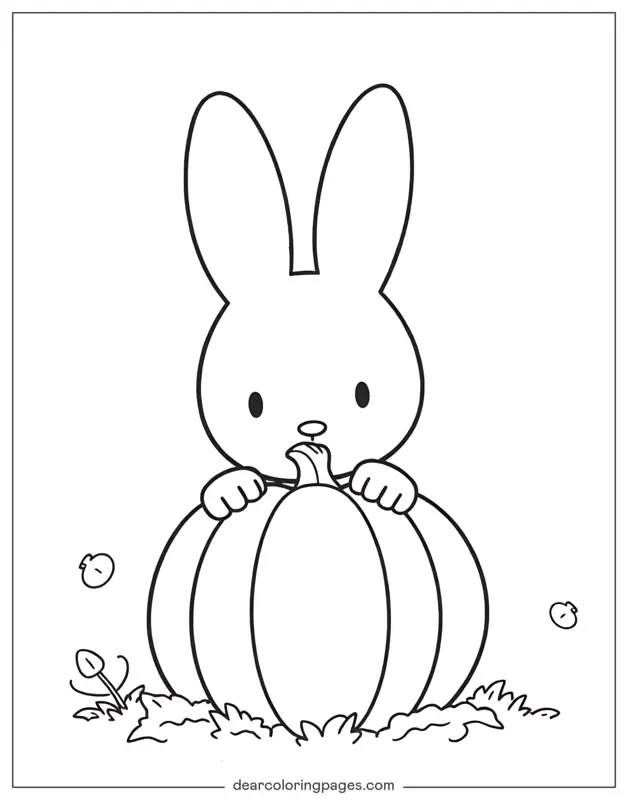 Calabaza Dibujo para Colorear - Conejo asomándose detrás de la calabaza