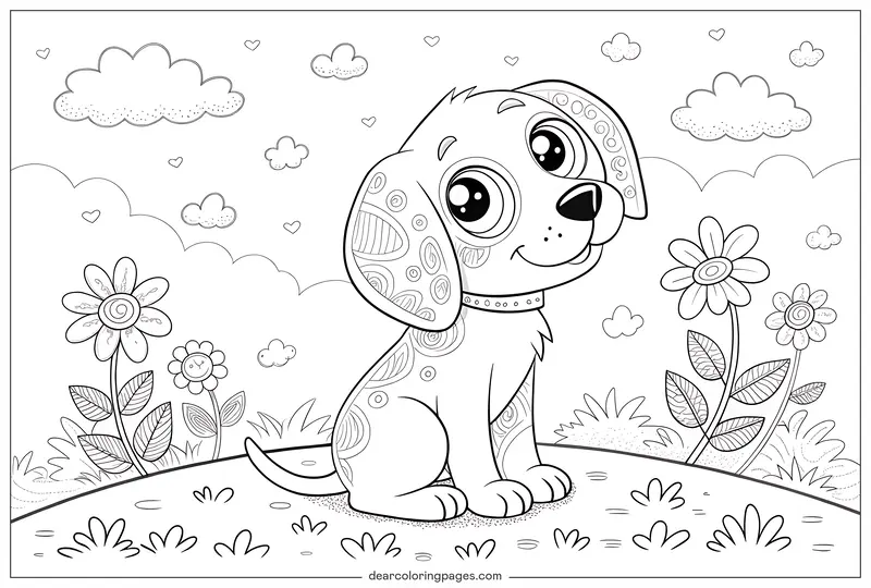 Puppy Coloring Page - Cute Puppy in a Field Coloring Page