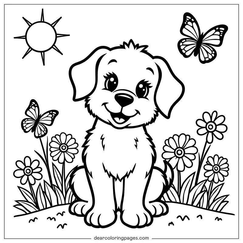 Puppy Coloring Page - Playful Puppy With Butterflies Coloring Page