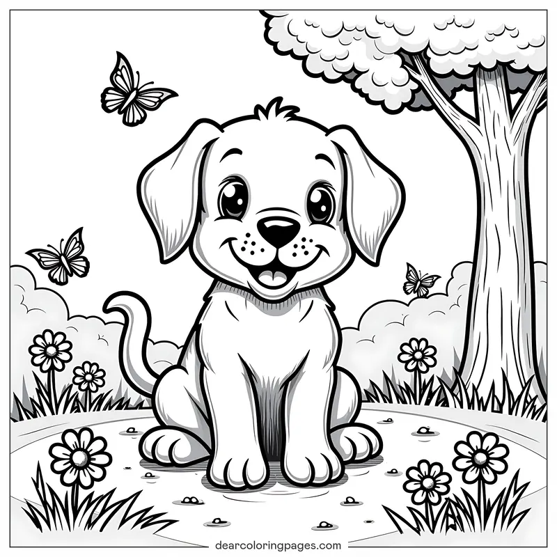 Puppy Coloring Page - Puppy in a Park Coloring Page