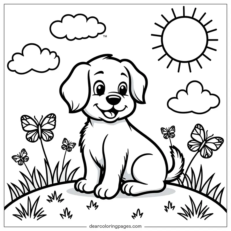 Puppy Coloring Page - Puppy on a Grassy Hill Coloring Page