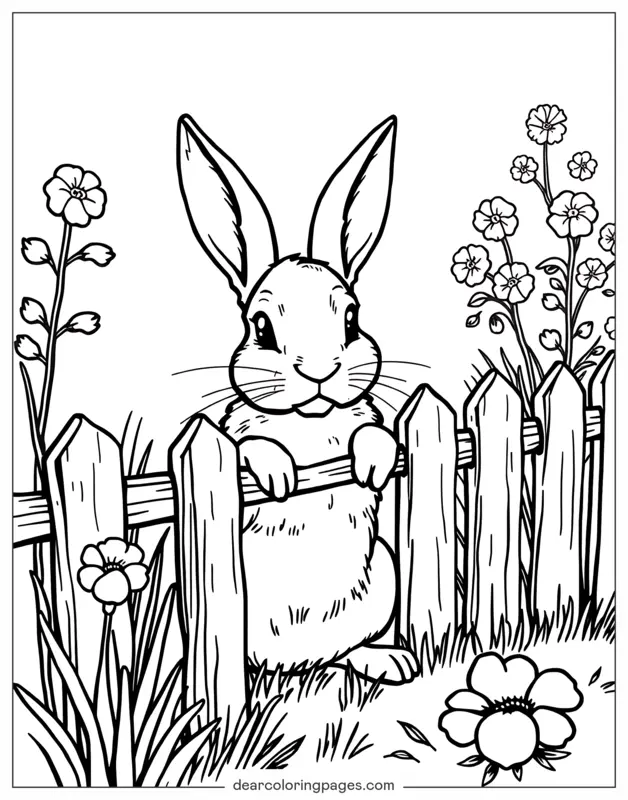 Kaninchen Ausmalbild - Hase hinter einem Zaun