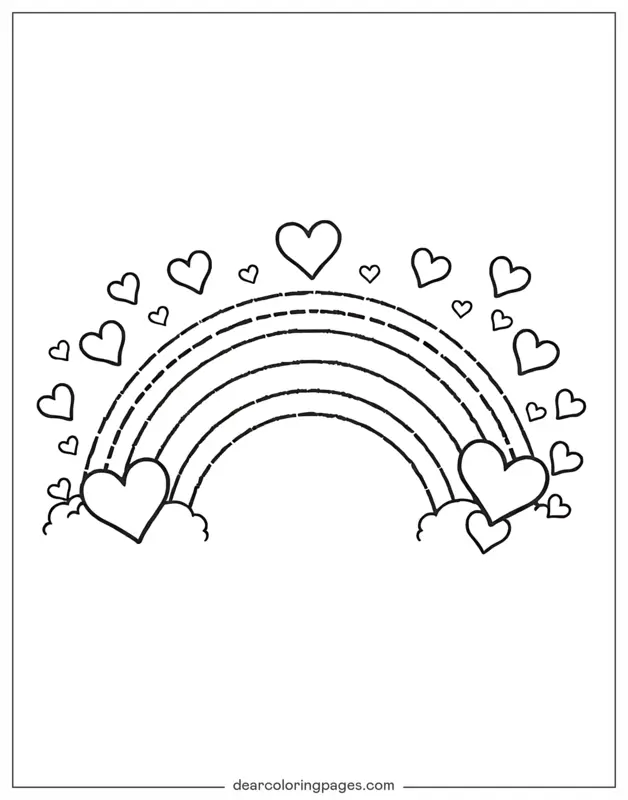 Coloriage de arc-en-ciel – Arc-en-ciel entouré de cœurs