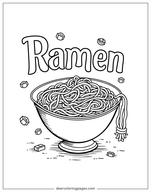 Ramen Coloring Page - Bowl of Ramen With Garnishes Coloring Page