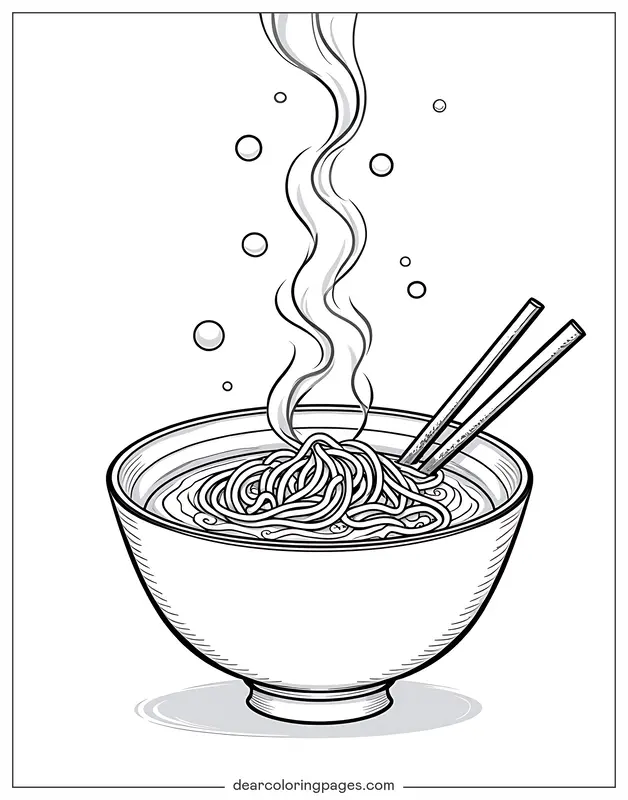 Ramen Coloring Page - Steaming Ramen With Chopsticks Coloring Page