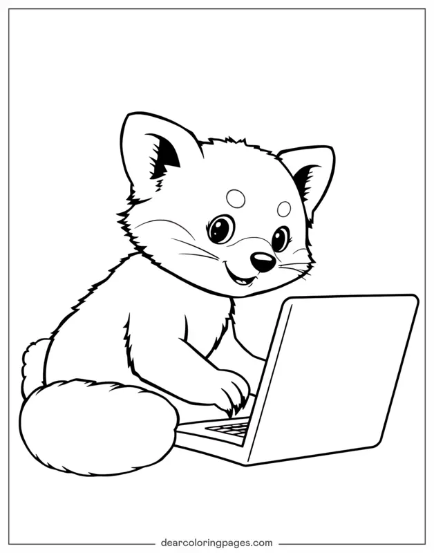 Panda rojo Dibujo para Colorear - Panda Rojo Usando Laptop