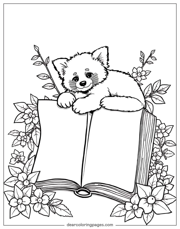 Panda rojo Dibujo para Colorear - Panda Rojo Reposando sobre un Libro