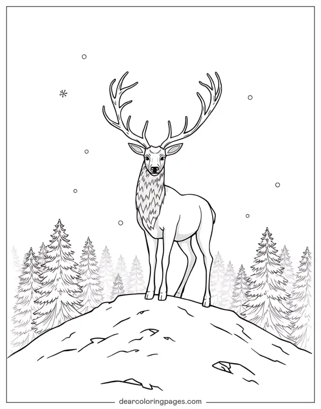 Reindeer Coloring Page - Reindeer on a Snowy Hill