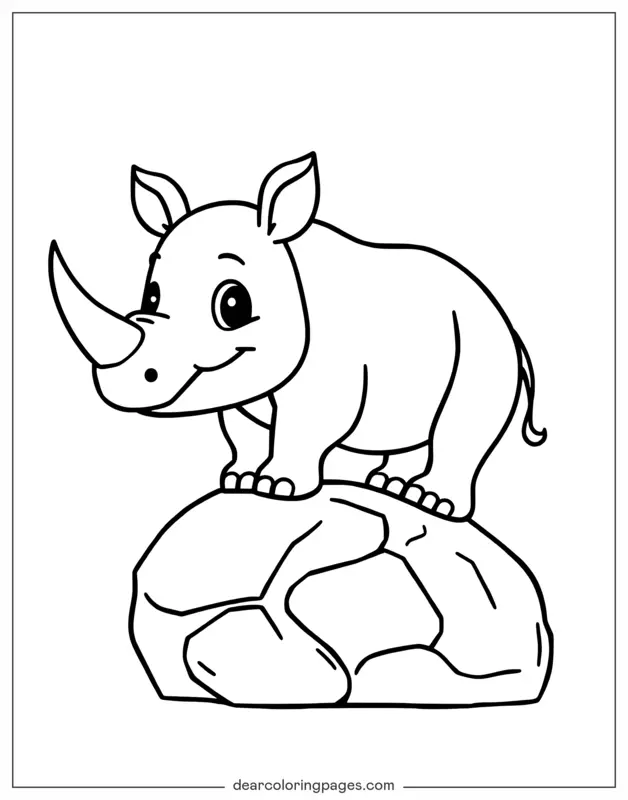 Coloriage de Rhinocéros – Mignon Rhinocéros sur une Roche