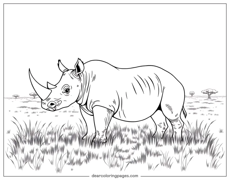 Coloriage de Rhinocéros – Rhinocéros sur une plaine herbeuse