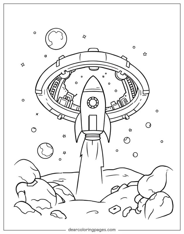 Rocket Coloring Page - Rocket and Space Station