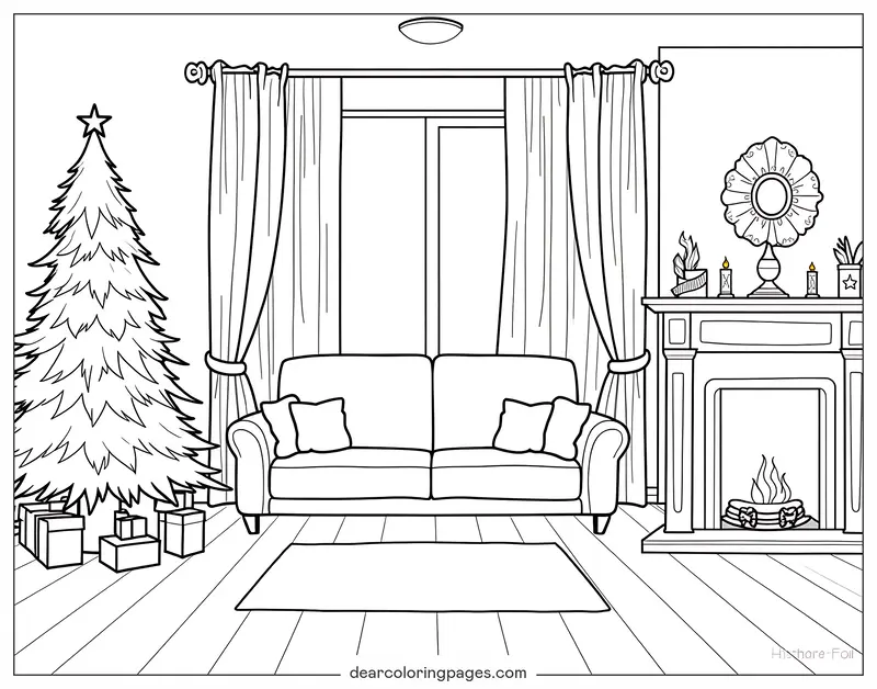 Zimmer Ausmalbild - Weihnachtliches Wohnzimmer Ausmalbild
