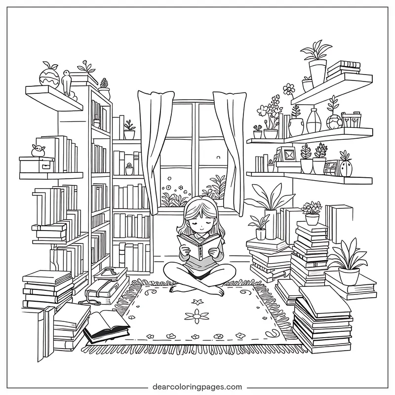Zimmer Ausmalbild - Gemütliche Leseecke