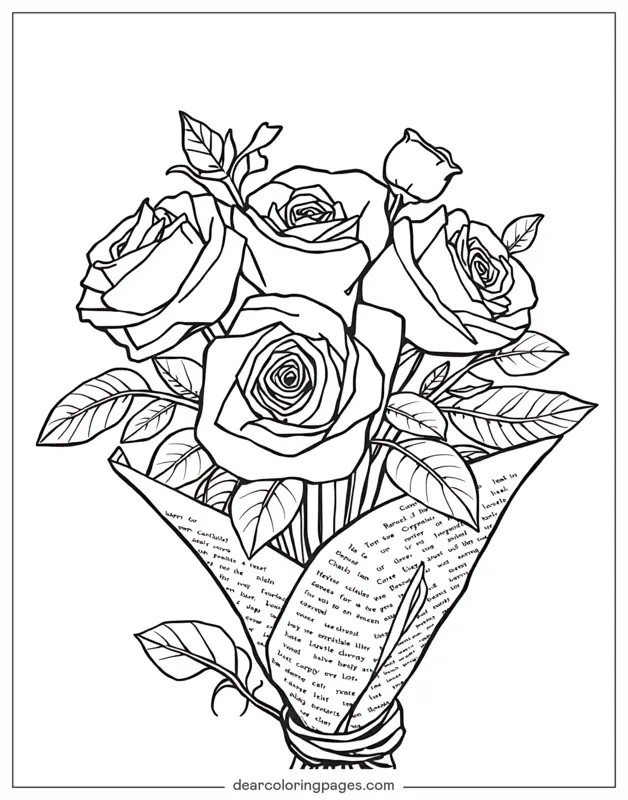 Rosa Desenho para Colorir - Bouquet de Rosas Envolto em Jornal