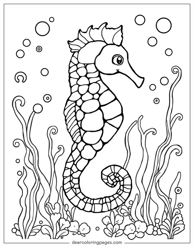 Caballito de mar Dibujo para Colorear - Caballito de mar rodeado de algas