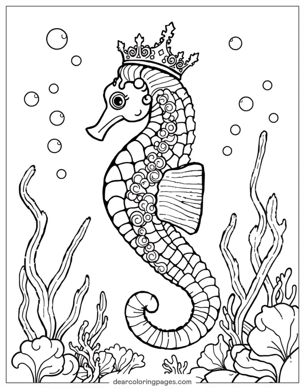 Caballito de mar Dibujo para Colorear - Seahorse Real con una Corona