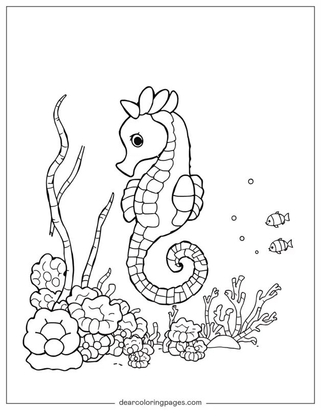Caballito de mar Dibujo para Colorear - Caballito de mar chibi rodeado de algas.