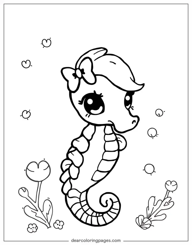 Caballito de mar Dibujo para Colorear - Caballito de mar con lazo
