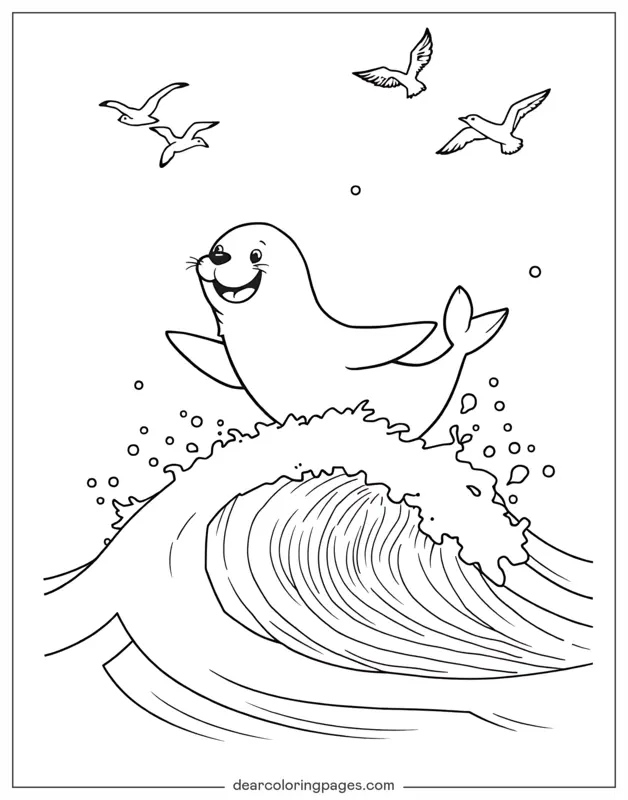 Seal Coloring Page - Joyful Seal Riding Rolling Wave