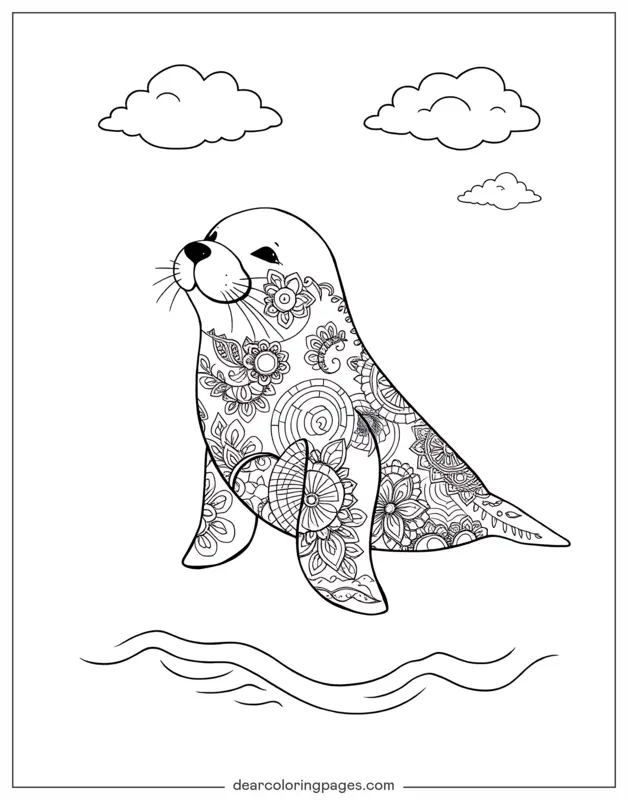 Seal Coloring Page - Seal With Intricate Zentangle Patterns