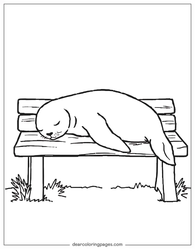 Seal Coloring Page - Seal Sleeping on Bench