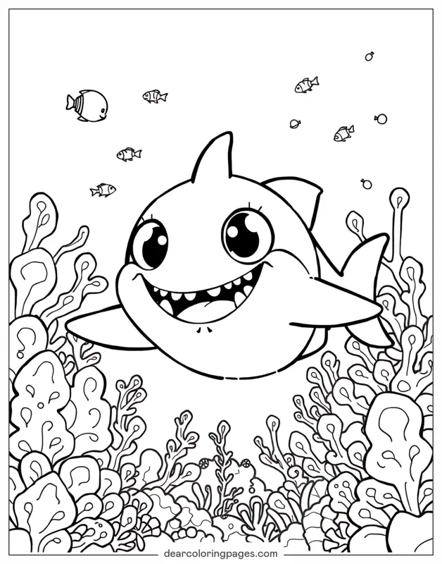 Shark Coloring Page - Baby Shark Surrounded by Coral Reefs