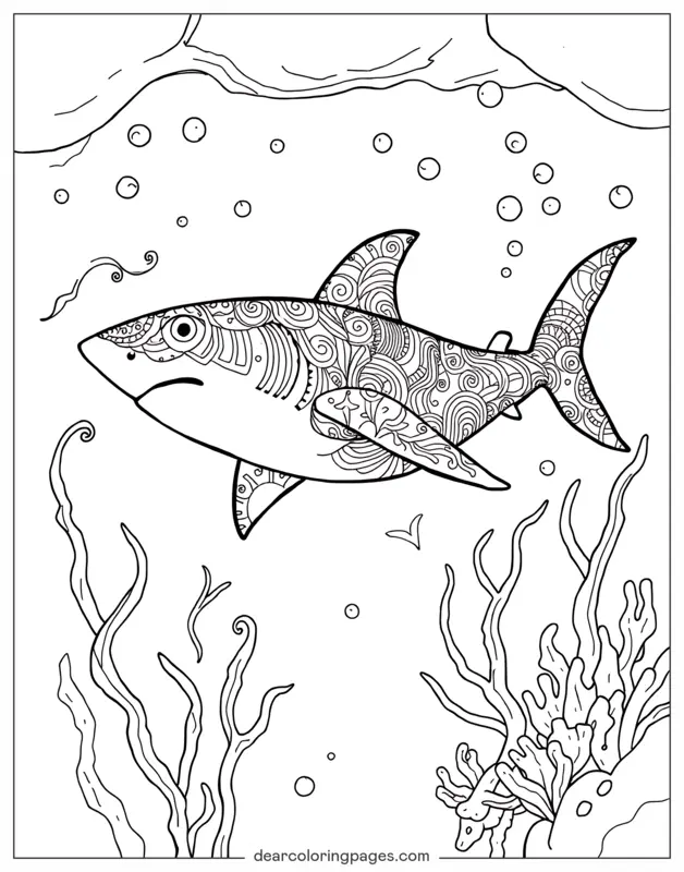 Shark Coloring Page - Shark With Zentangle Patterns