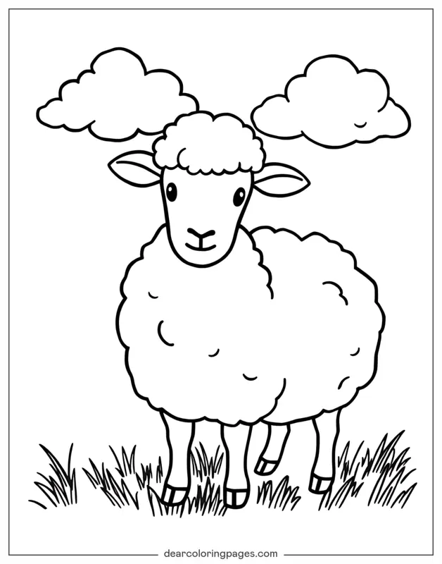 Oveja Dibujo para Colorear - Contorno simple de oveja con nubes