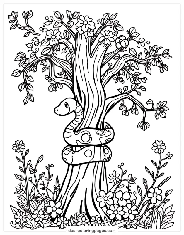 Serpiente Dibujo para Colorear - Serpiente enrollándose alrededor de un árbol
