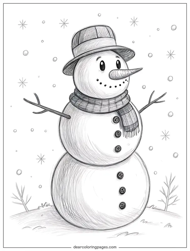 Invierno Dibujo para Colorear - Muñeco de Nieve Clásico con Nariz de Zanahoria Dibujo para Colorear