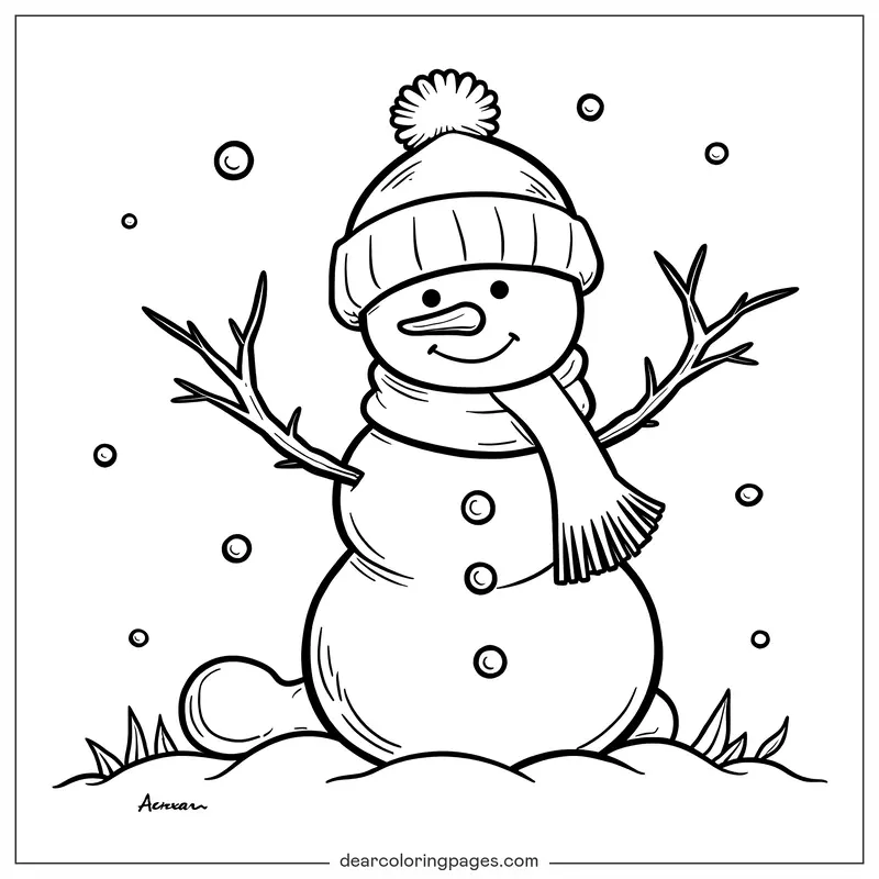 Invierno Dibujo para Colorear - Muñeco de Nieve de Invierno Acogedor Dibujo para Colorear
