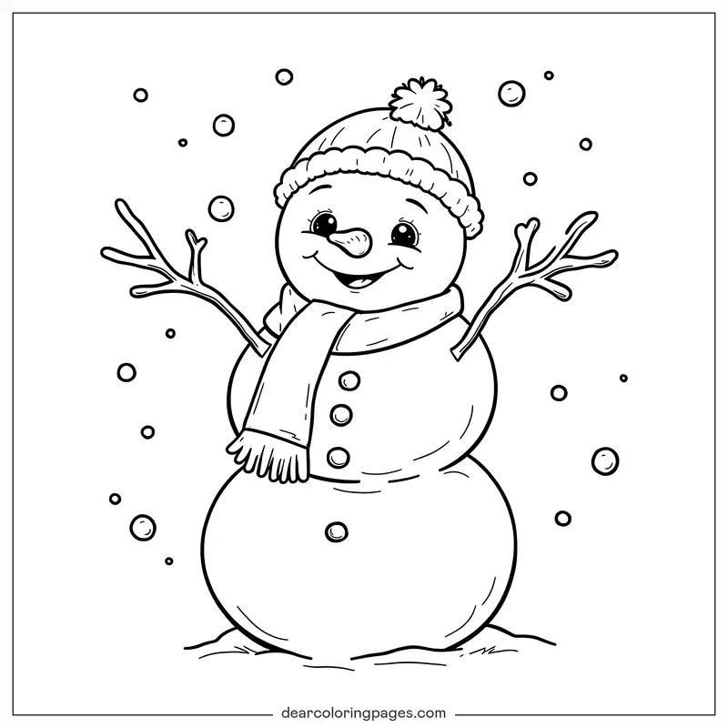 Invierno Dibujo para Colorear - Muñeco de Nieve Feliz Dibujo para Colorear