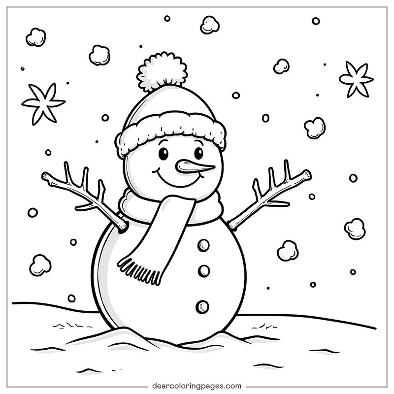 Invierno Dibujo para Colorear - Muñeco de Nieve Noche Estrellada