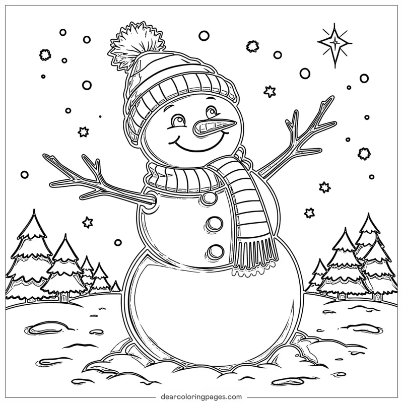 Invierno Dibujo para Colorear - Muñeco de Nieve en un País de las Maravillas Invernal