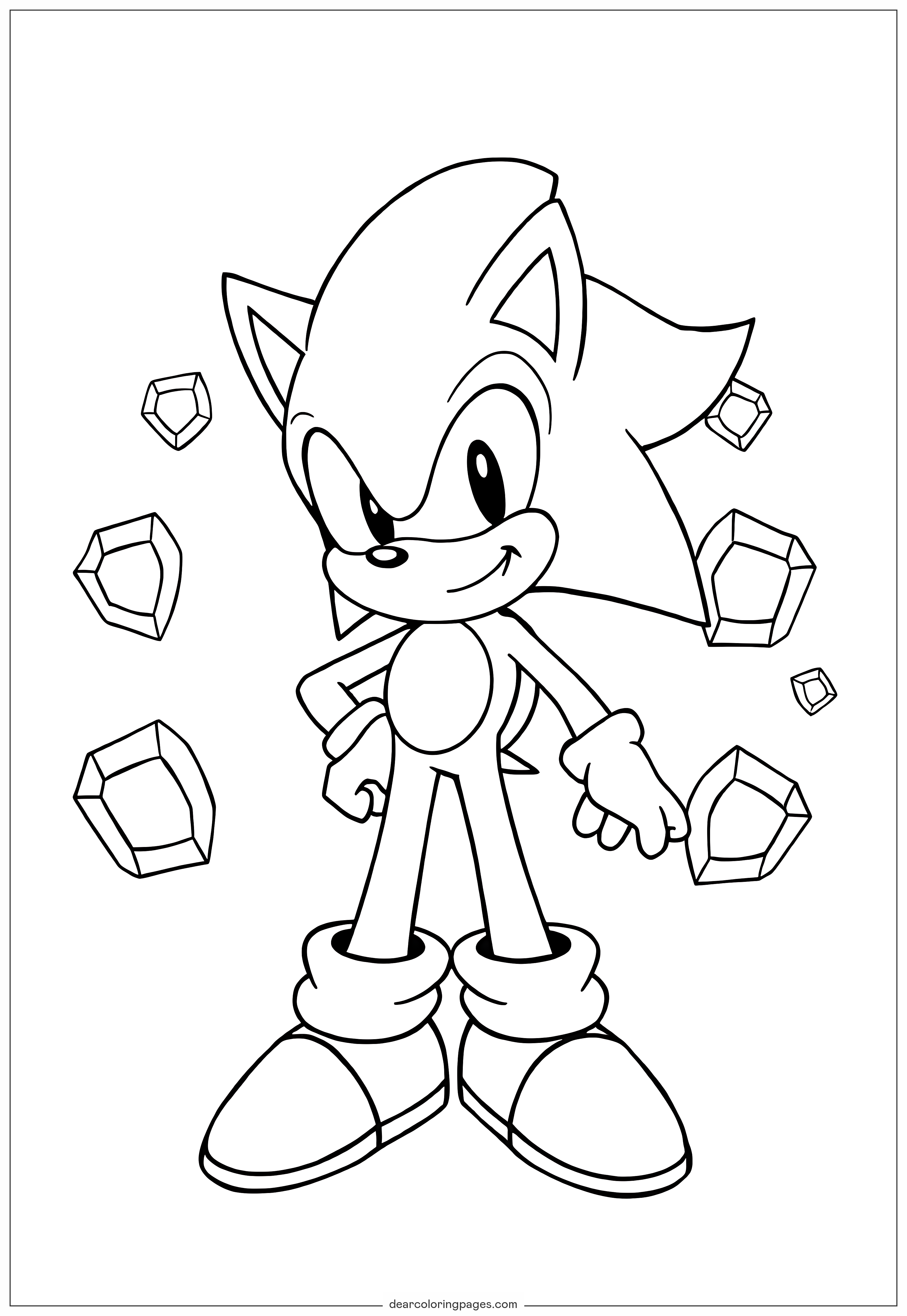 Sónico Dibujo para Colorear - Sonic the Hedgehog Rodeado de Esmeraldas Caóticas
