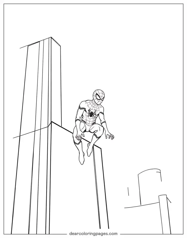 Spider-Man Dibujo para Colorear - Spider-Man saltando desde un rascacielos