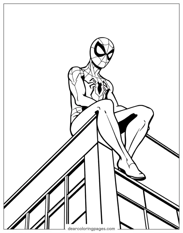 Spider-Man Dibujo para Colorear - Hombre Araña sentado en la cima del rascacielos