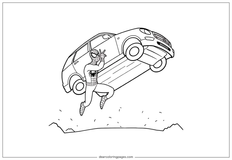 Spider-Man Dibujo para Colorear - Spider-Man levantando un coche