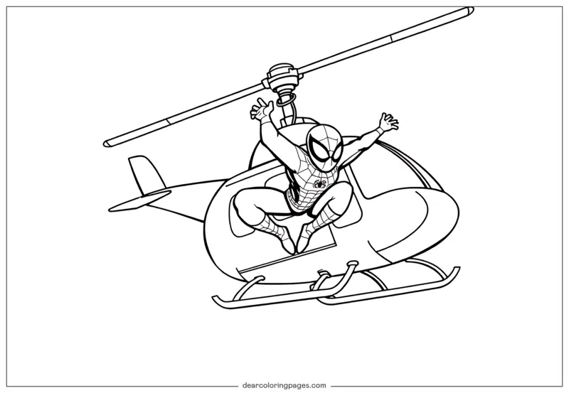 Spider-Man Dibujo para Colorear - Spider-Man balanceándose desde un helicóptero