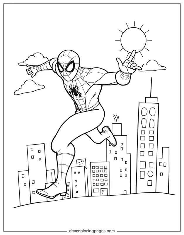 Spider-Man Dibujo para Colorear - Spider-Man Saltando A Través de la Ciudad
