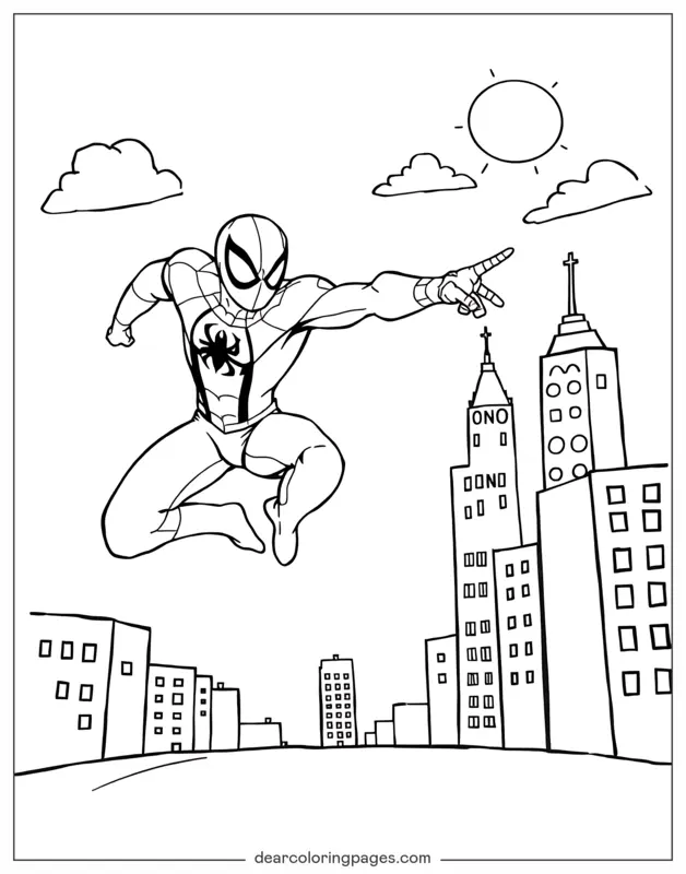 Spider-Man Dibujo para Colorear - Spider-Man Saltando a Través de la Ciudad