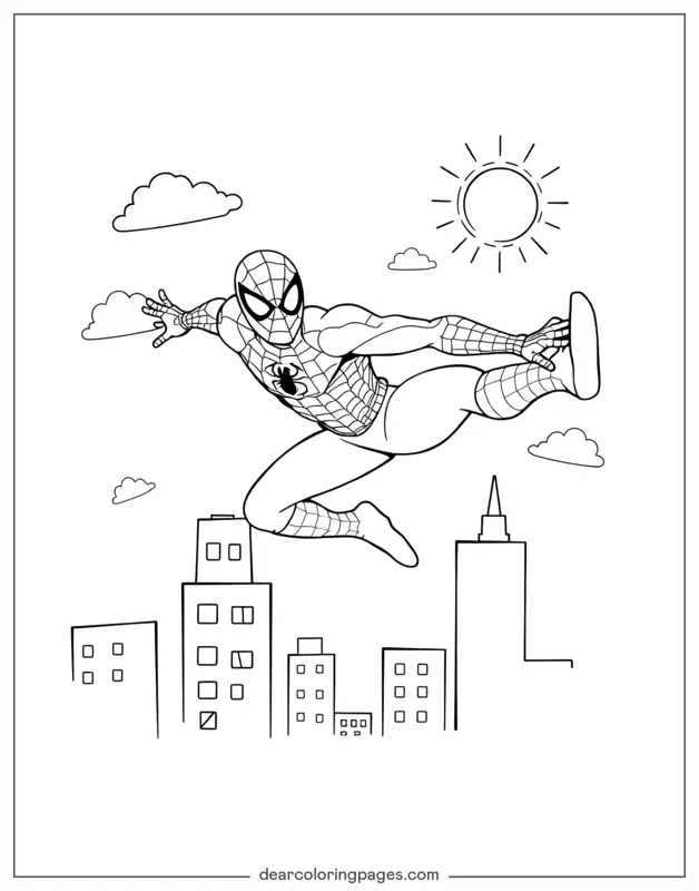 Spider-Man Dibujo para Colorear - El Vuelo Urbano de Spider-Man