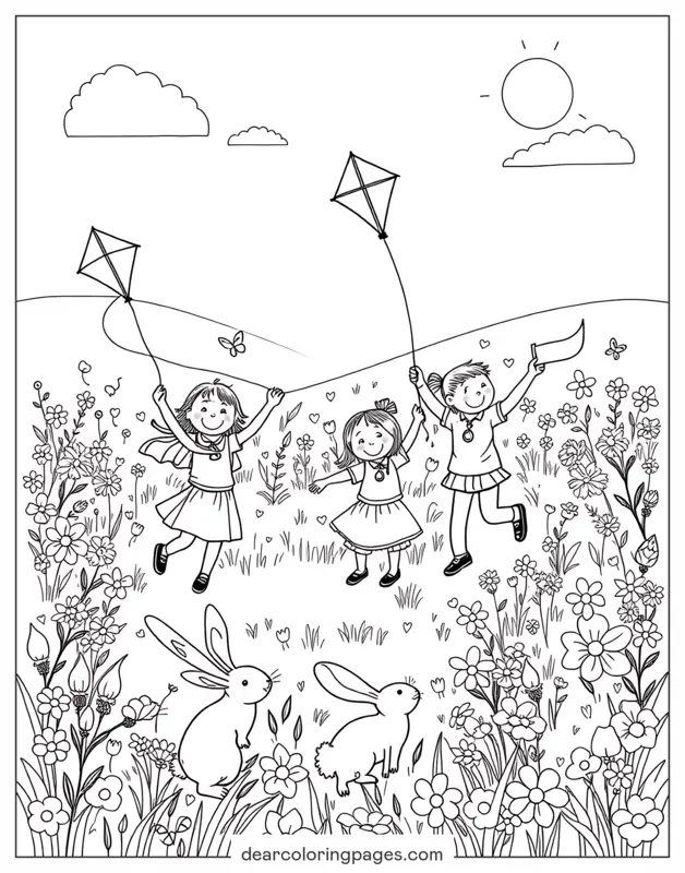 Primavera Dibujo para Colorear - Escena Primaveral Alegre