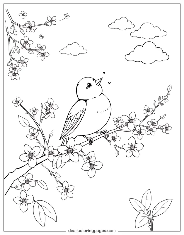 Bird Coloring Page - Bird Singing Joyfully in Spring